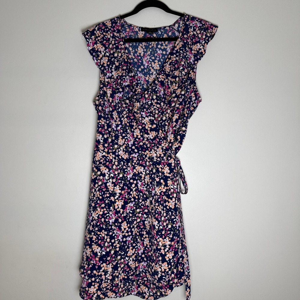 Sanctuary Womens 2X Navy Blue Floral Ruffle Wrap Dress Flutter Sleeve  Romantic
